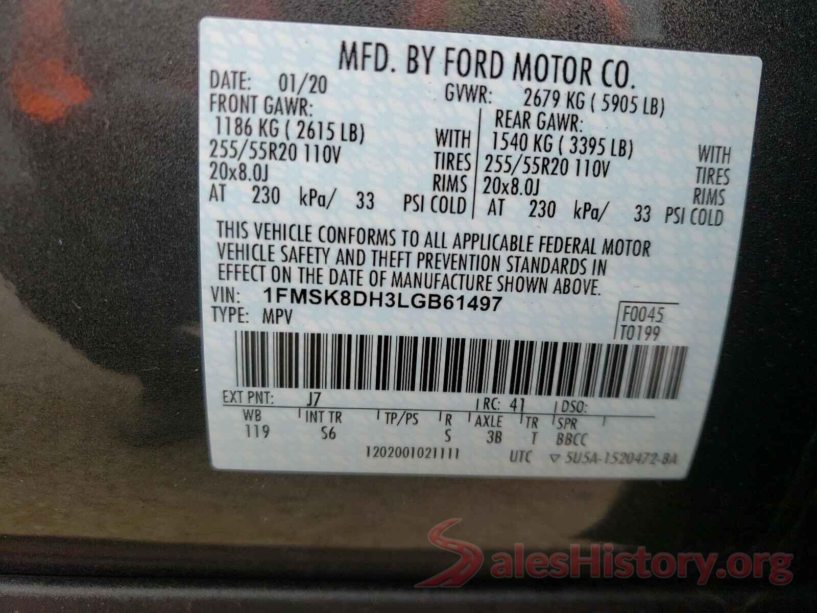 1FMSK8DH3LGB61497 2020 FORD EXPLORER