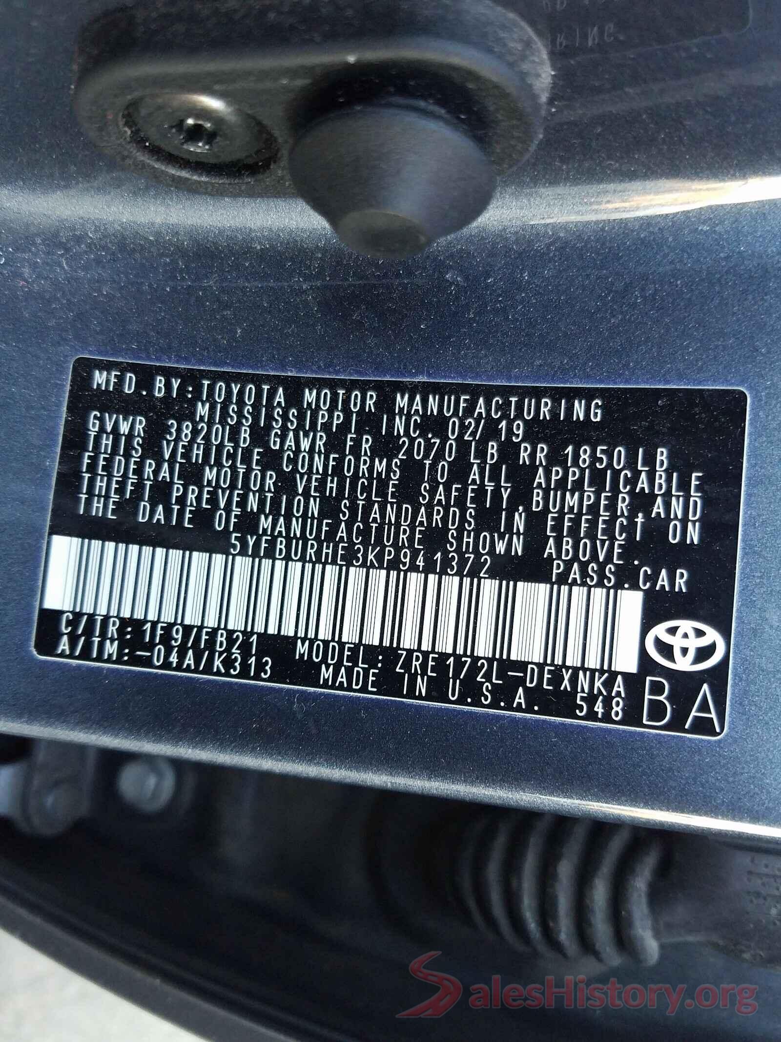 5YFBURHE3KP941372 2019 TOYOTA COROLLA