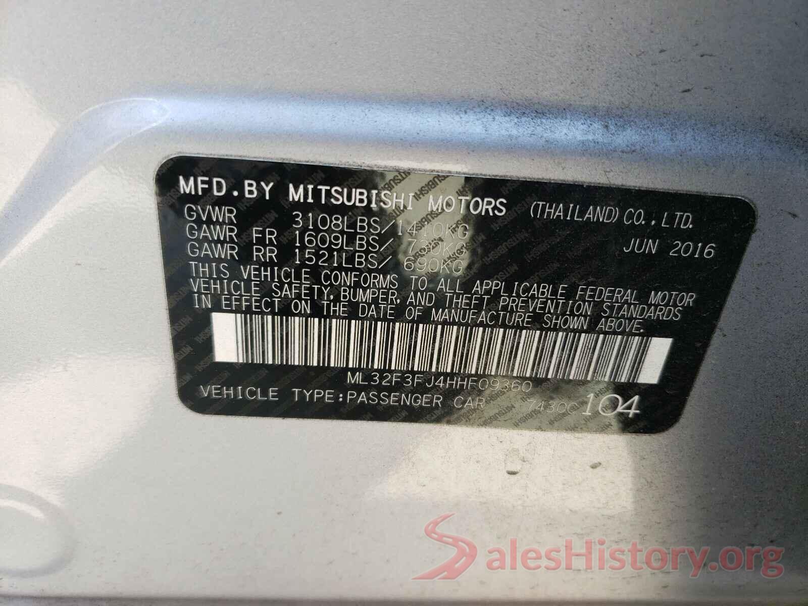 ML32F3FJ4HHF09360 2017 MITSUBISHI MIRAGE