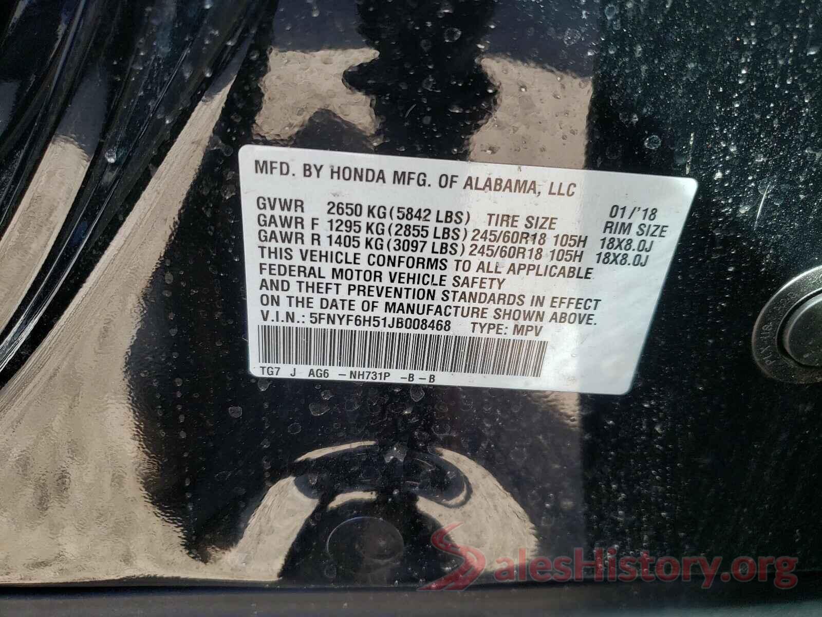 5FNYF6H51JB008468 2018 HONDA PILOT