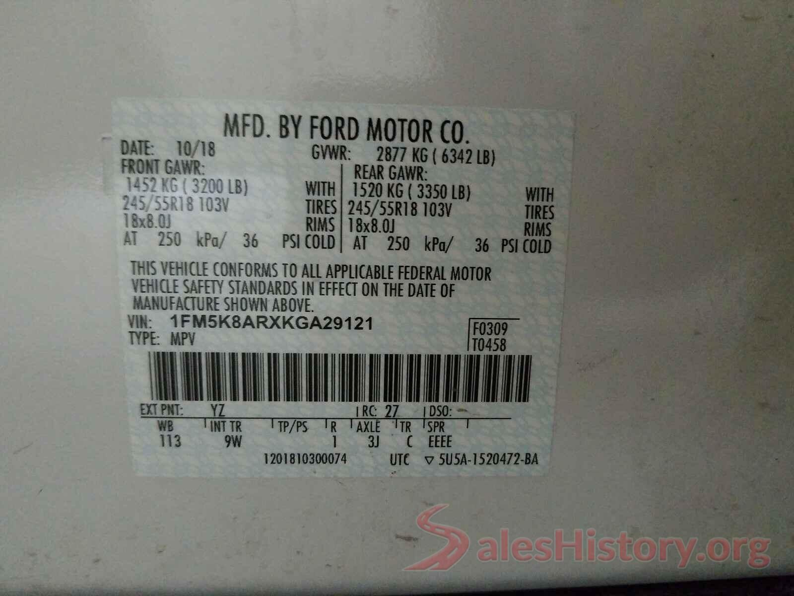 1FM5K8ARXKGA29121 2019 FORD EXPLORER