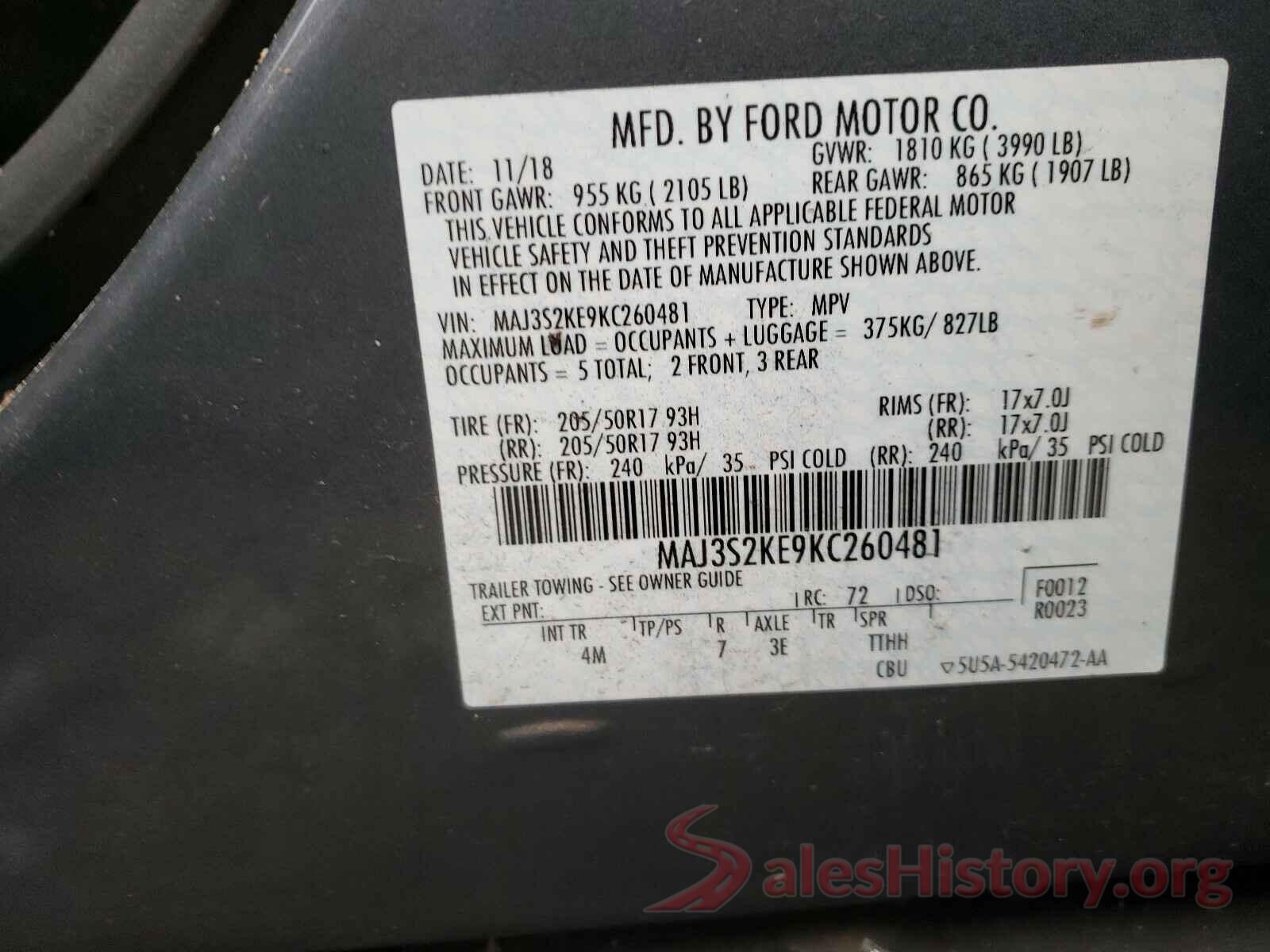 MAJ3S2KE9KC260481 2019 FORD ALL OTHER