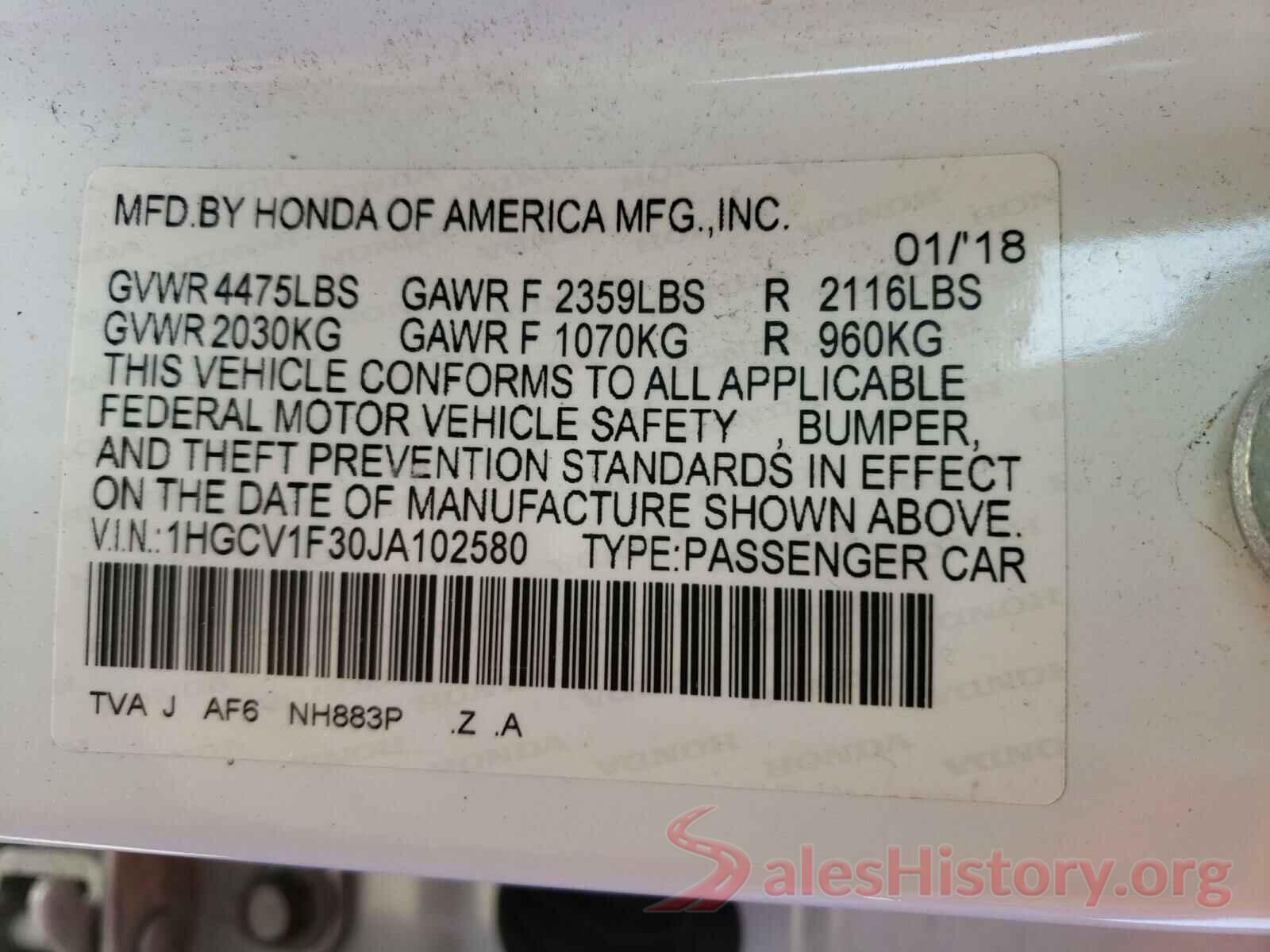 1HGCV1F30JA102580 2018 HONDA ACCORD