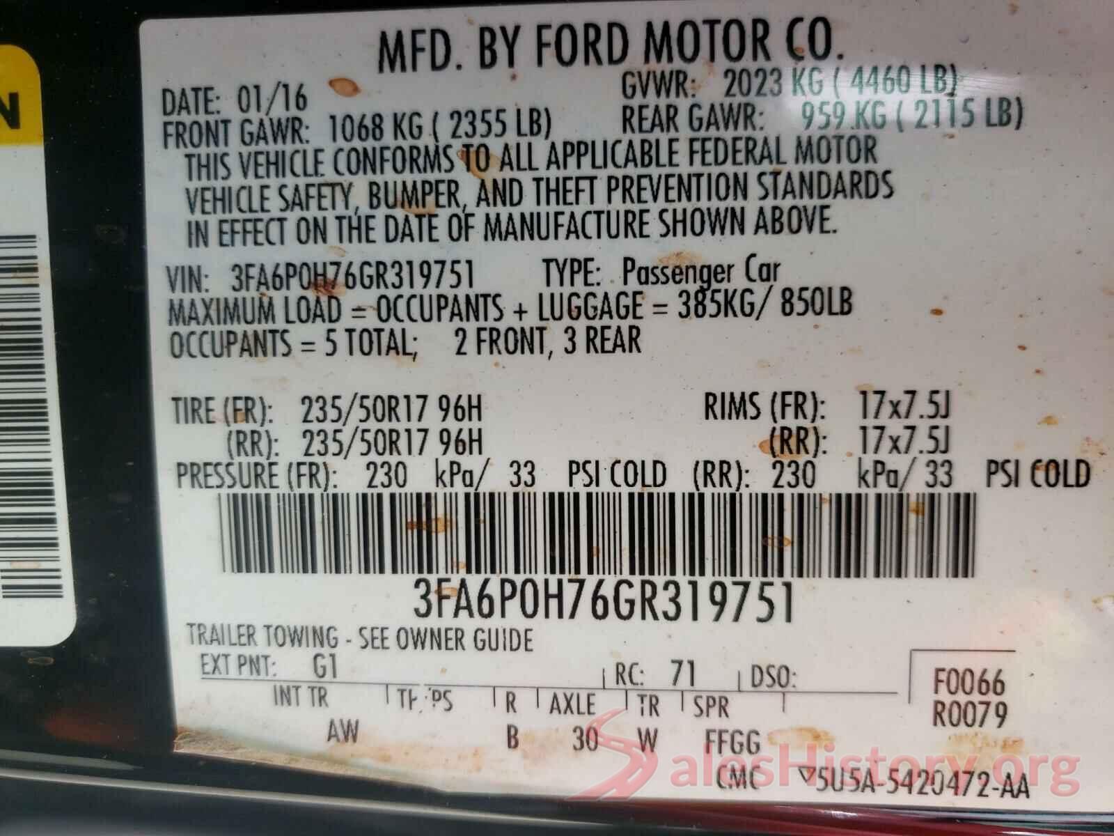 3FA6P0H76GR319751 2016 FORD FUSION