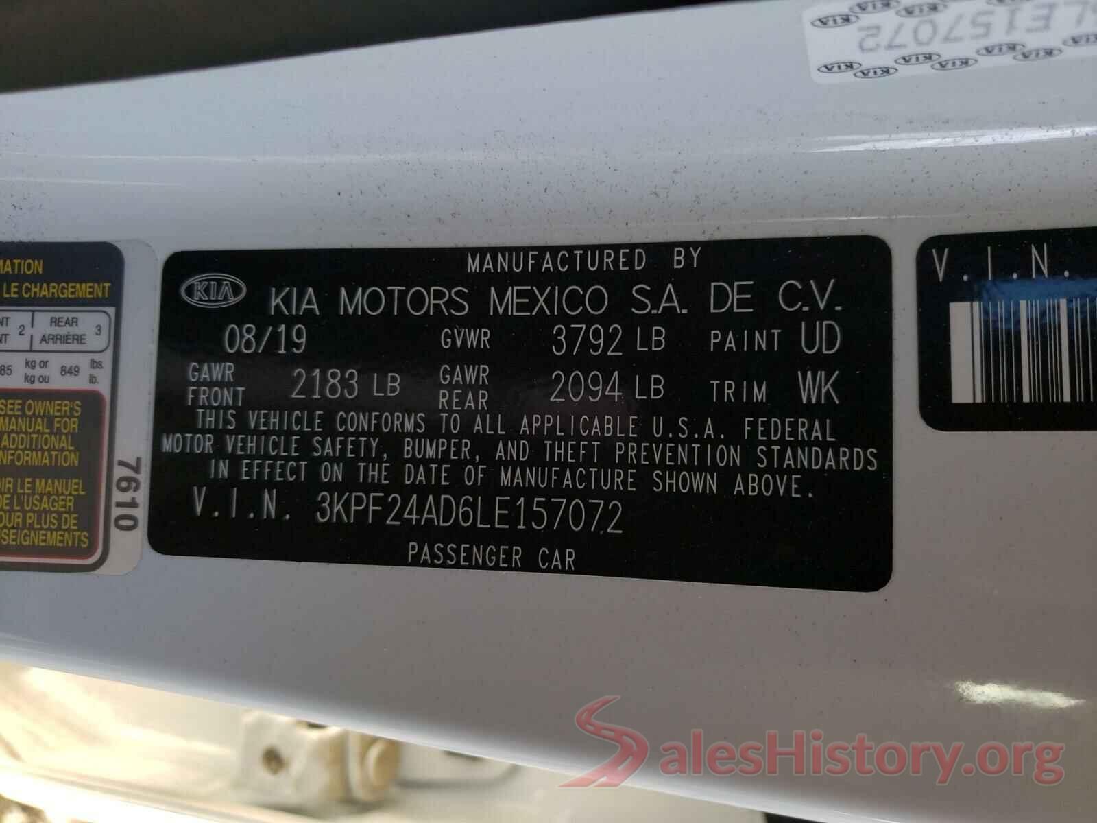 3KPF24AD6LE157072 2020 KIA FORTE