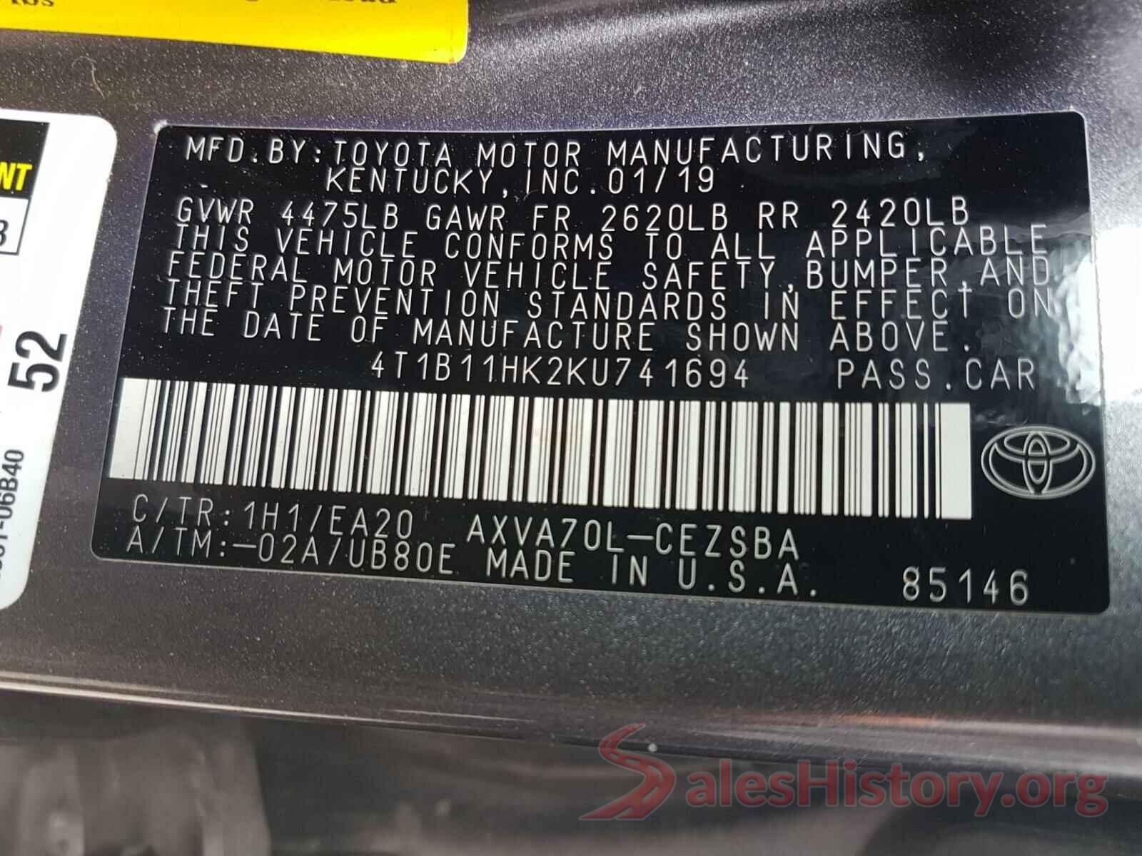 4T1B11HK2KU741694 2019 TOYOTA CAMRY