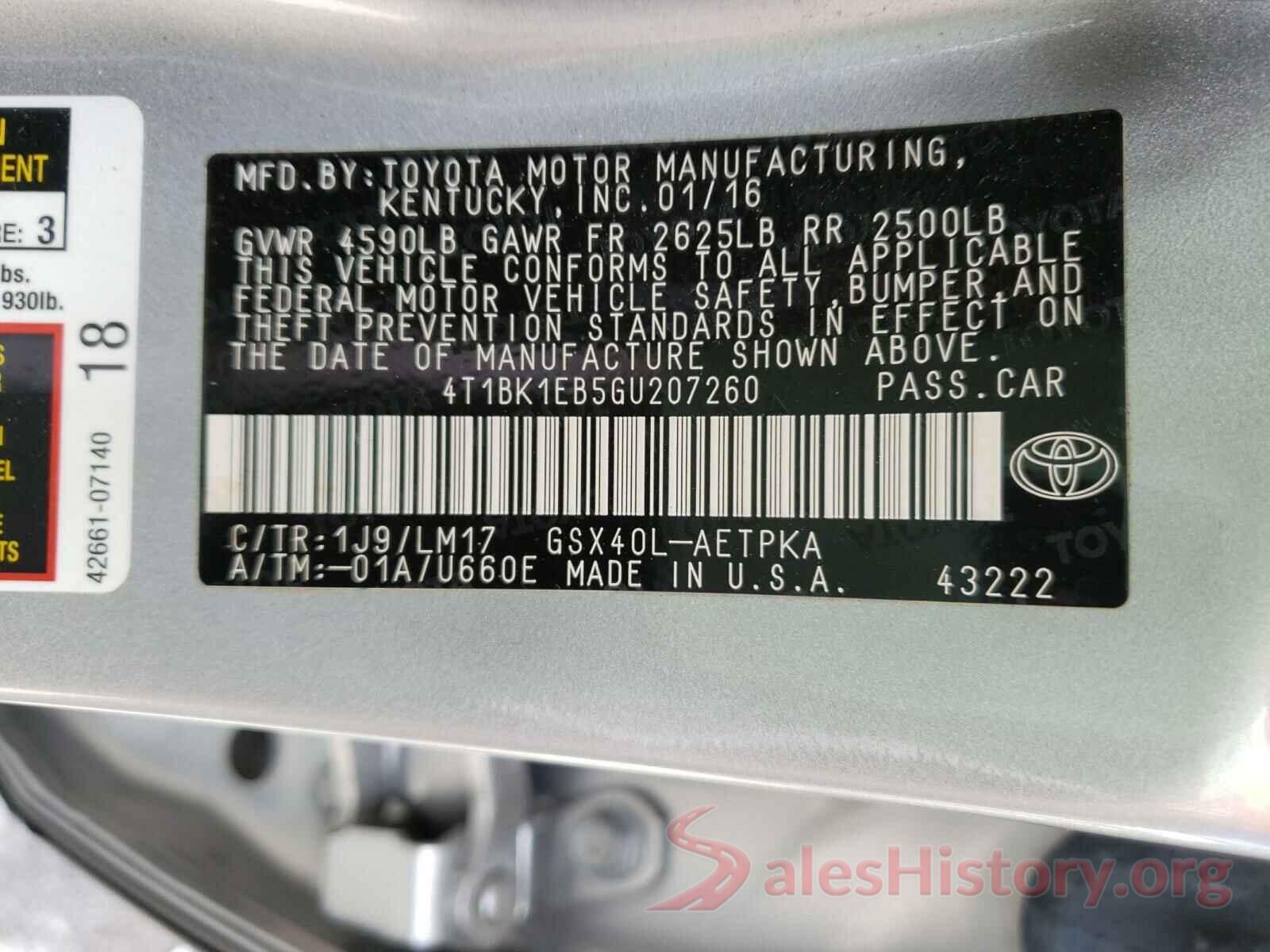 4T1BK1EB5GU207260 2016 TOYOTA AVALON