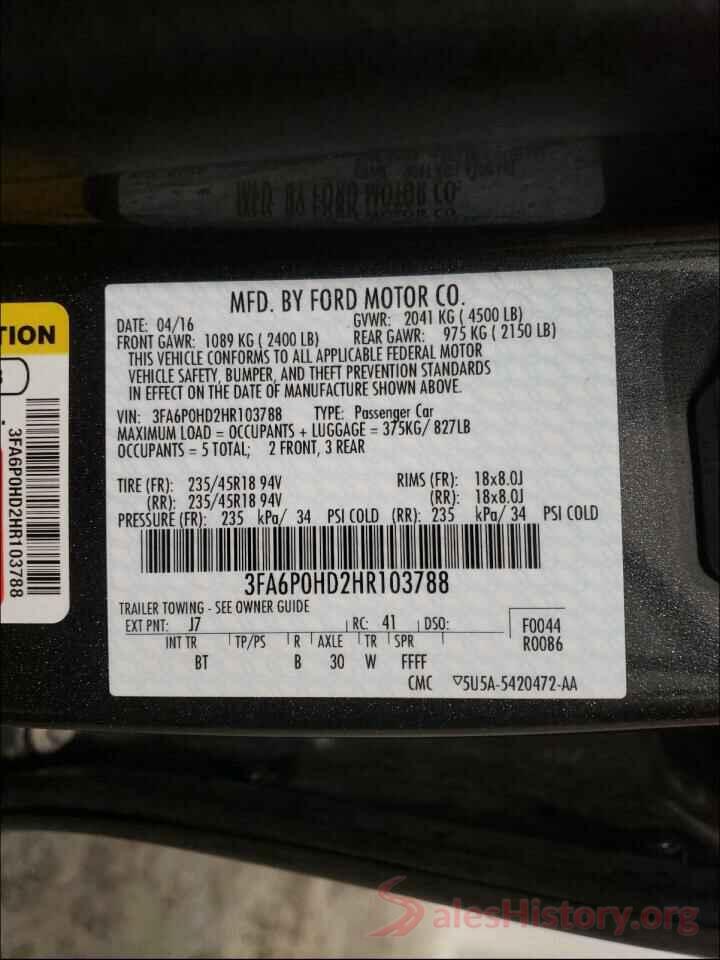 3FA6P0HD2HR103788 2017 FORD FUSION