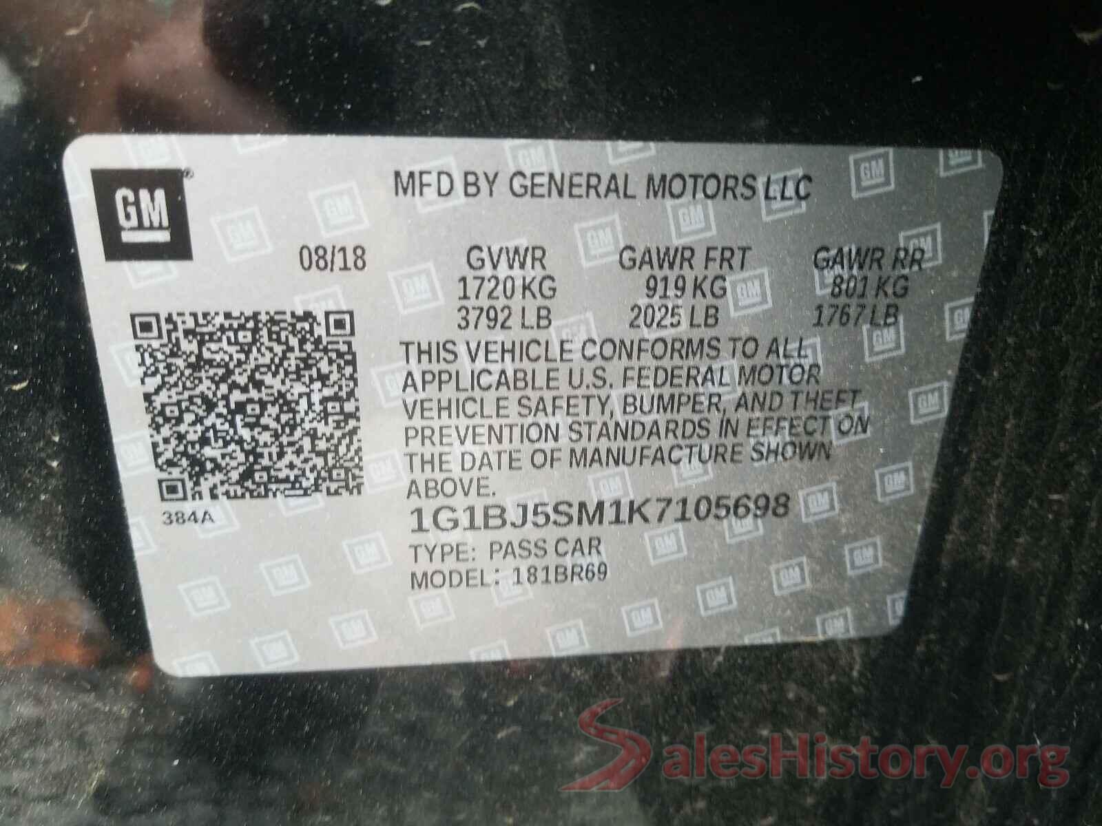 1G1BJ5SM1K7105698 2019 CHEVROLET CRUZE