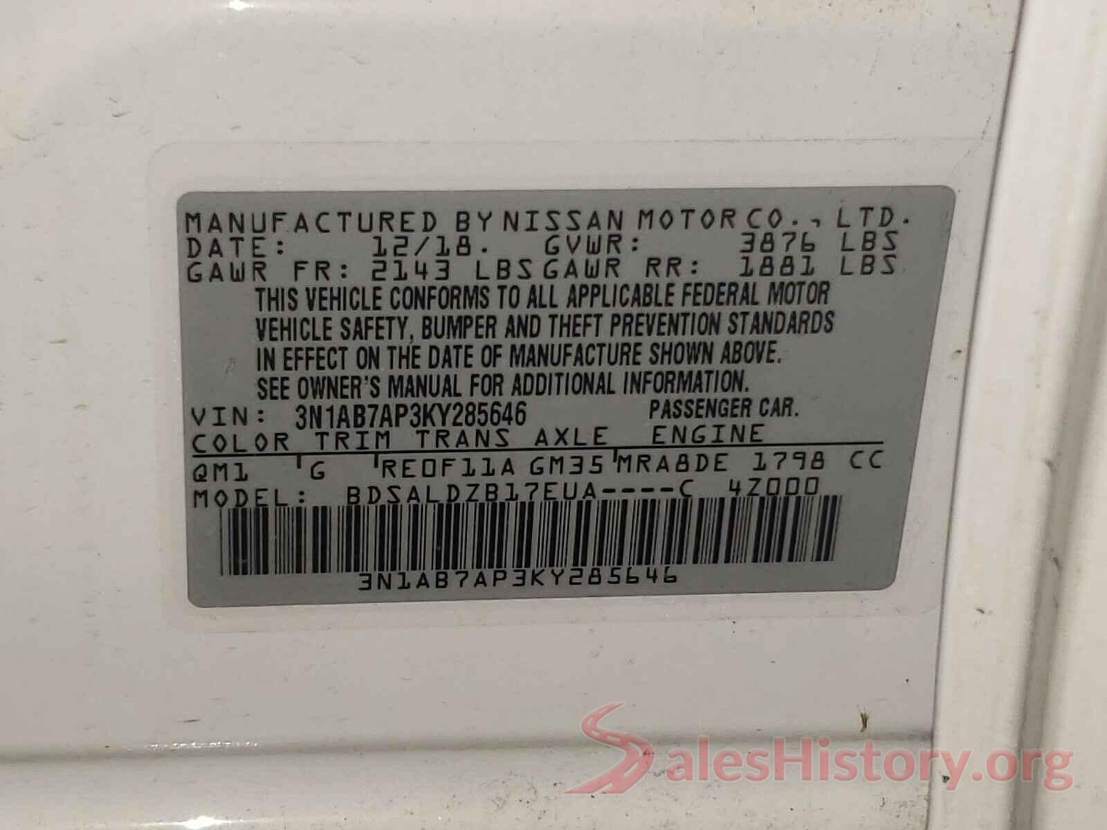 3N1AB7AP3KY285646 2019 NISSAN SENTRA