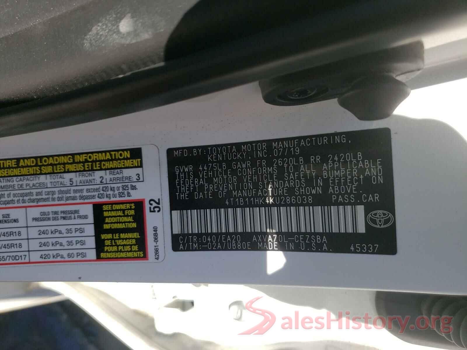 4T1B11HK4KU286038 2019 TOYOTA CAMRY