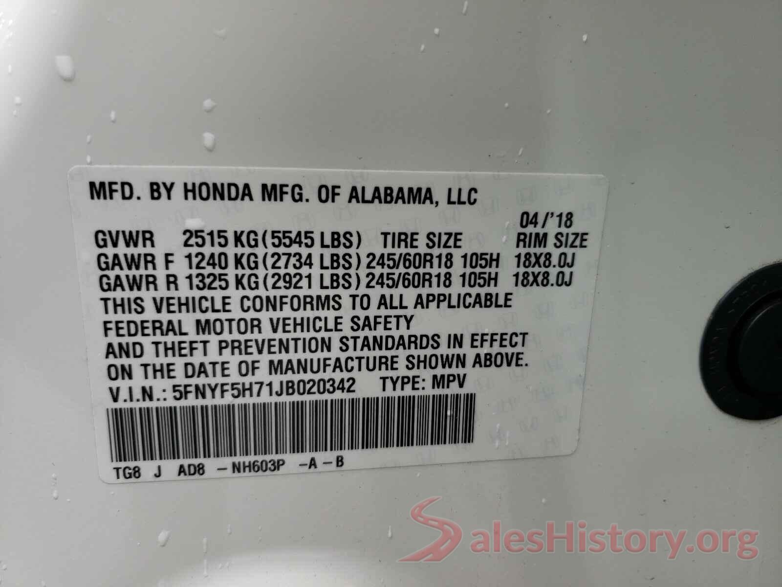 5FNYF5H71JB020342 2018 HONDA PILOT