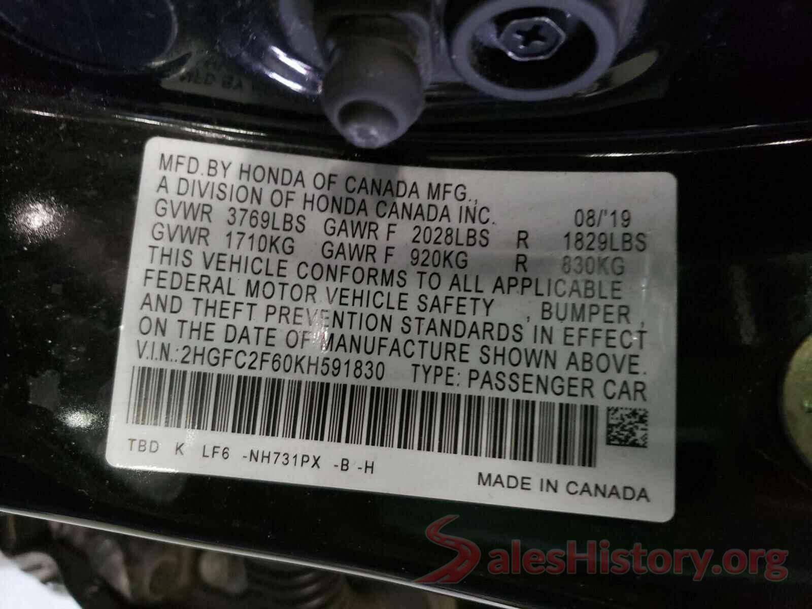 2HGFC2F60KH591830 2019 HONDA CIVIC