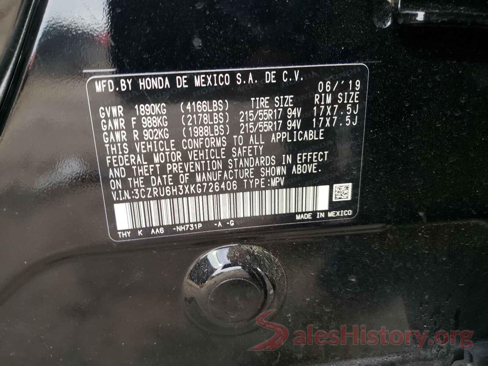 3CZRU6H3XKG726406 2019 HONDA HR-V