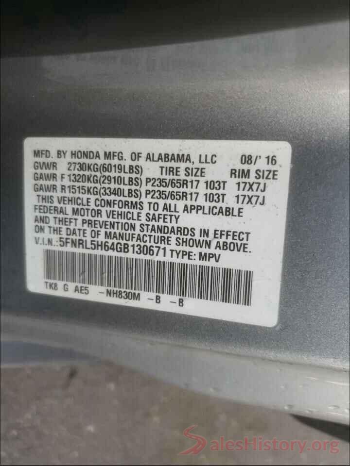 5FNRL5H64GB130671 2016 HONDA ODYSSEY