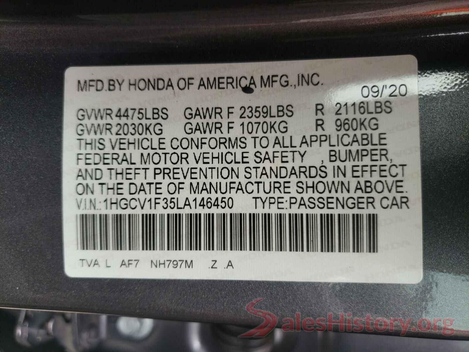 1HGCV1F35LA146450 2020 HONDA ACCORD