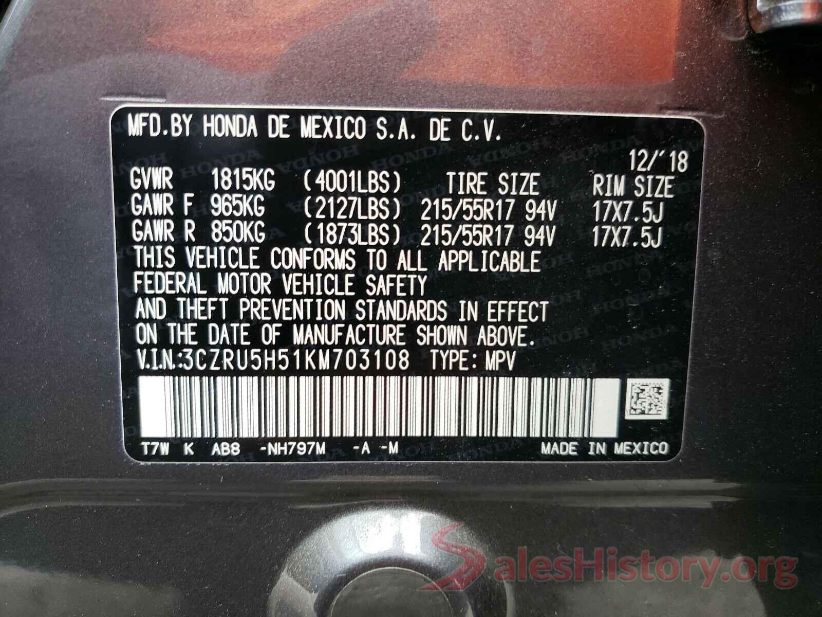 3CZRU5H51KM703108 2019 HONDA HR-V