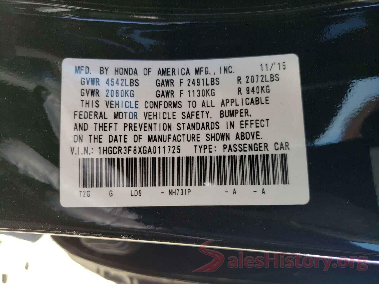 1HGCR3F8XGA011725 2016 HONDA ACCORD