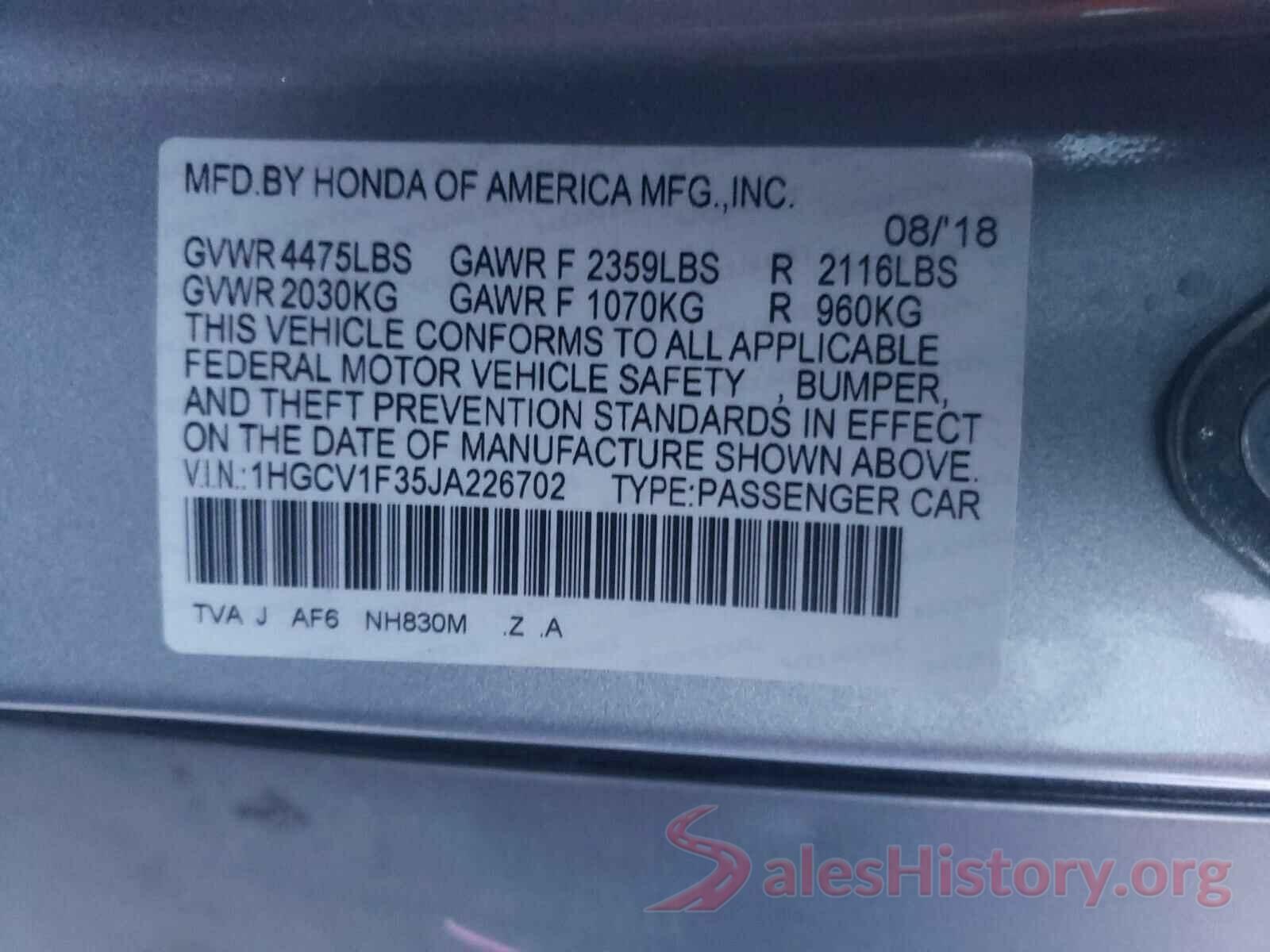 1HGCV1F35JA226702 2018 HONDA ACCORD