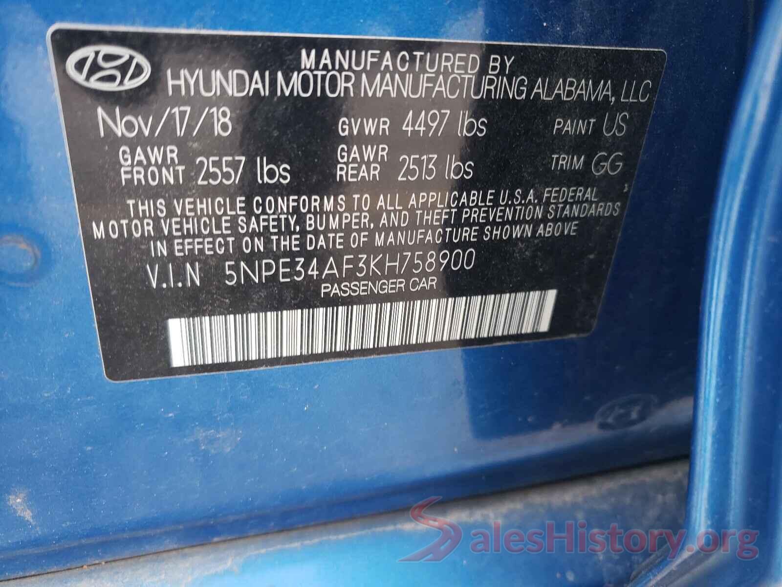 5NPE34AF3KH758900 2019 HYUNDAI SONATA