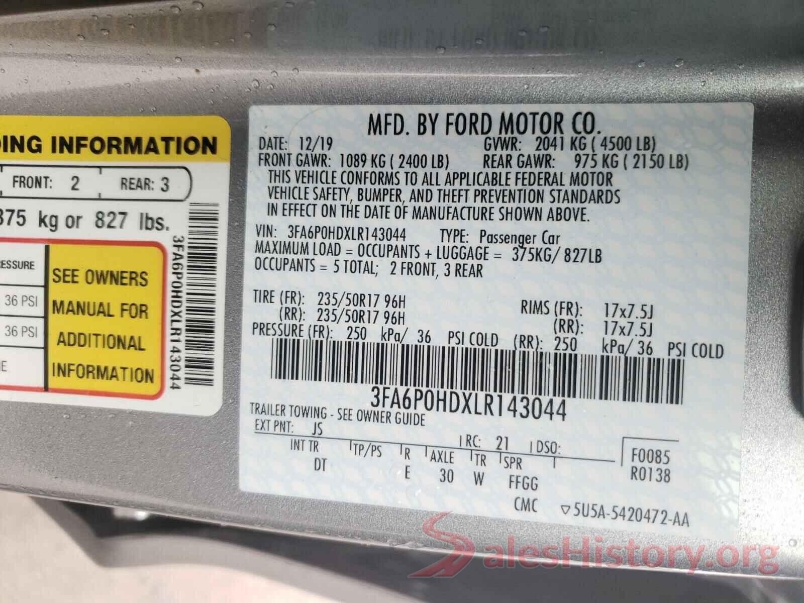 3FA6P0HDXLR143044 2020 FORD FUSION