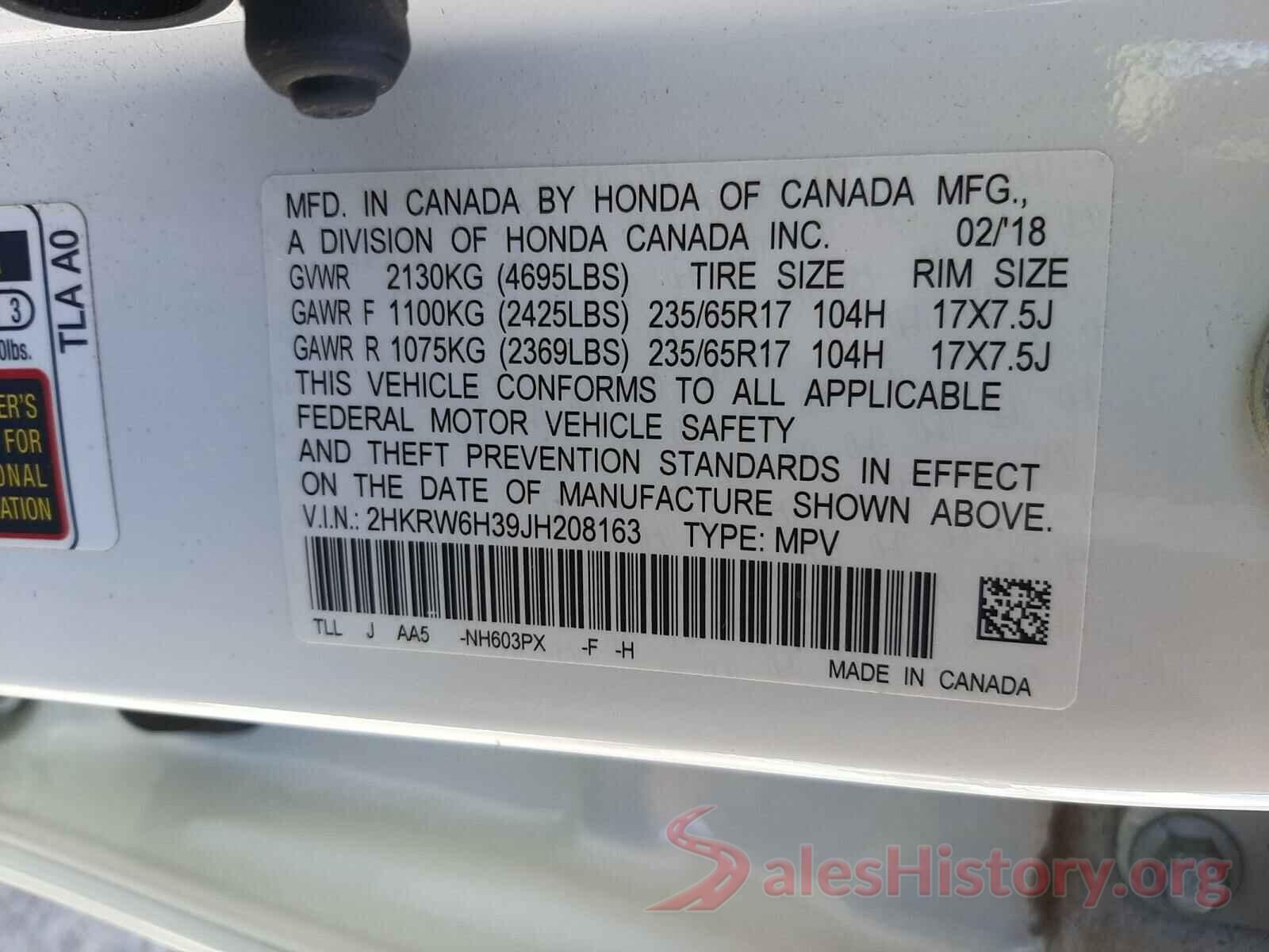 2HKRW6H39JH208163 2018 HONDA CRV