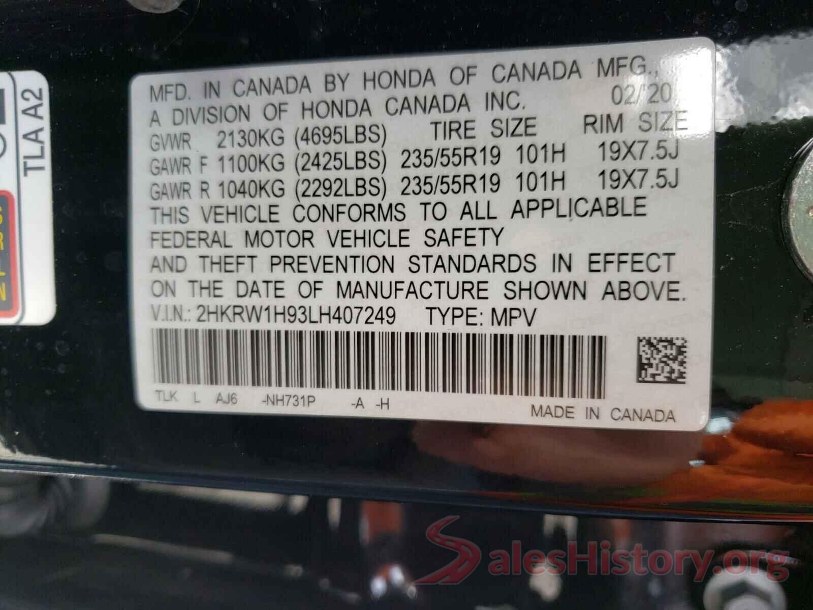 2HKRW1H93LH407249 2020 HONDA CRV