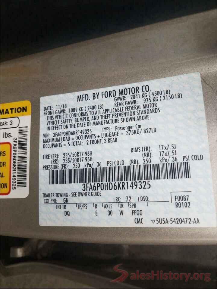 3FA6P0HD6KR149325 2019 FORD FUSION