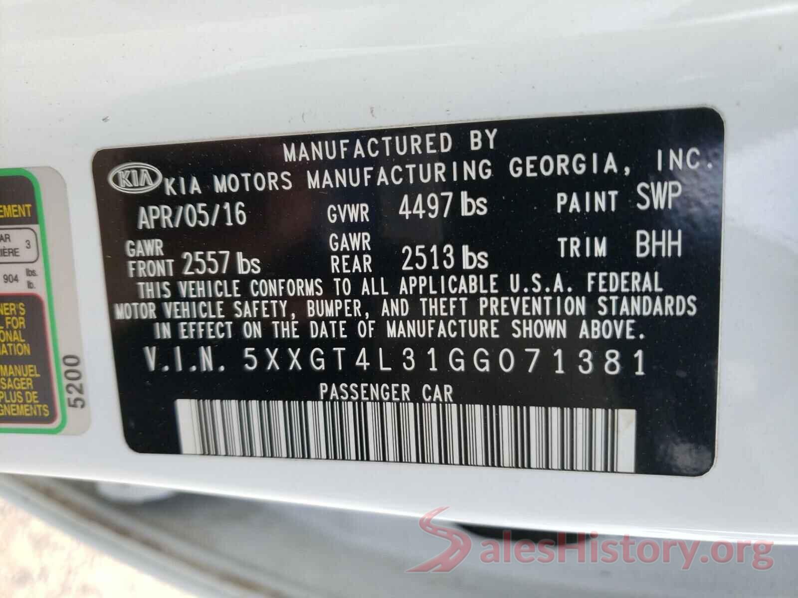 5XXGT4L31GG071381 2016 KIA OPTIMA