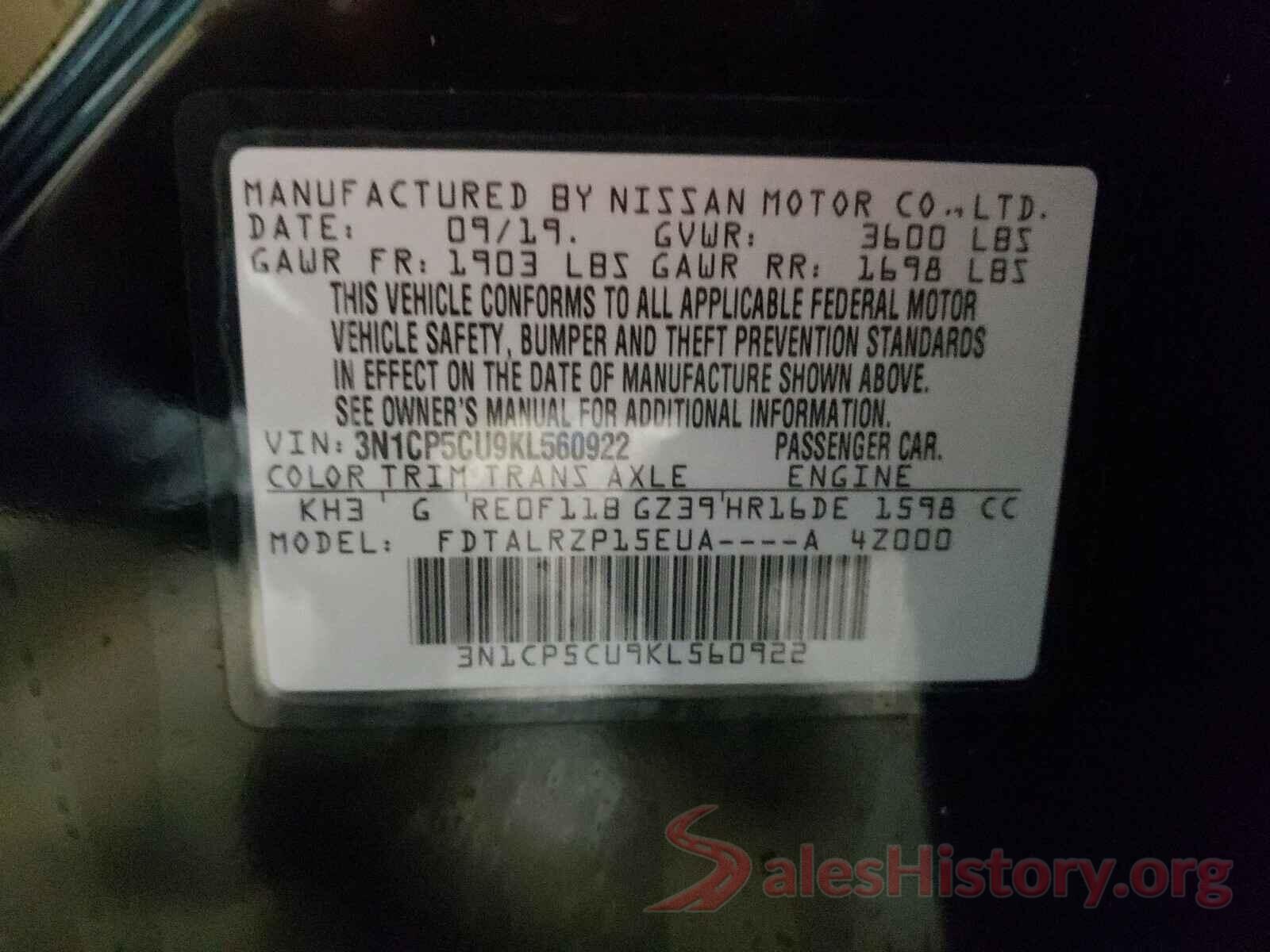 3N1CP5CU9KL560922 2019 NISSAN KICKS