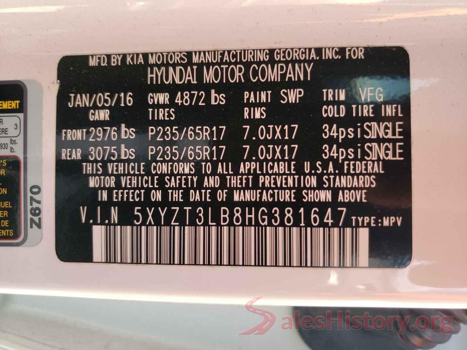 5XYZT3LB8HG381647 2017 HYUNDAI SANTA FE