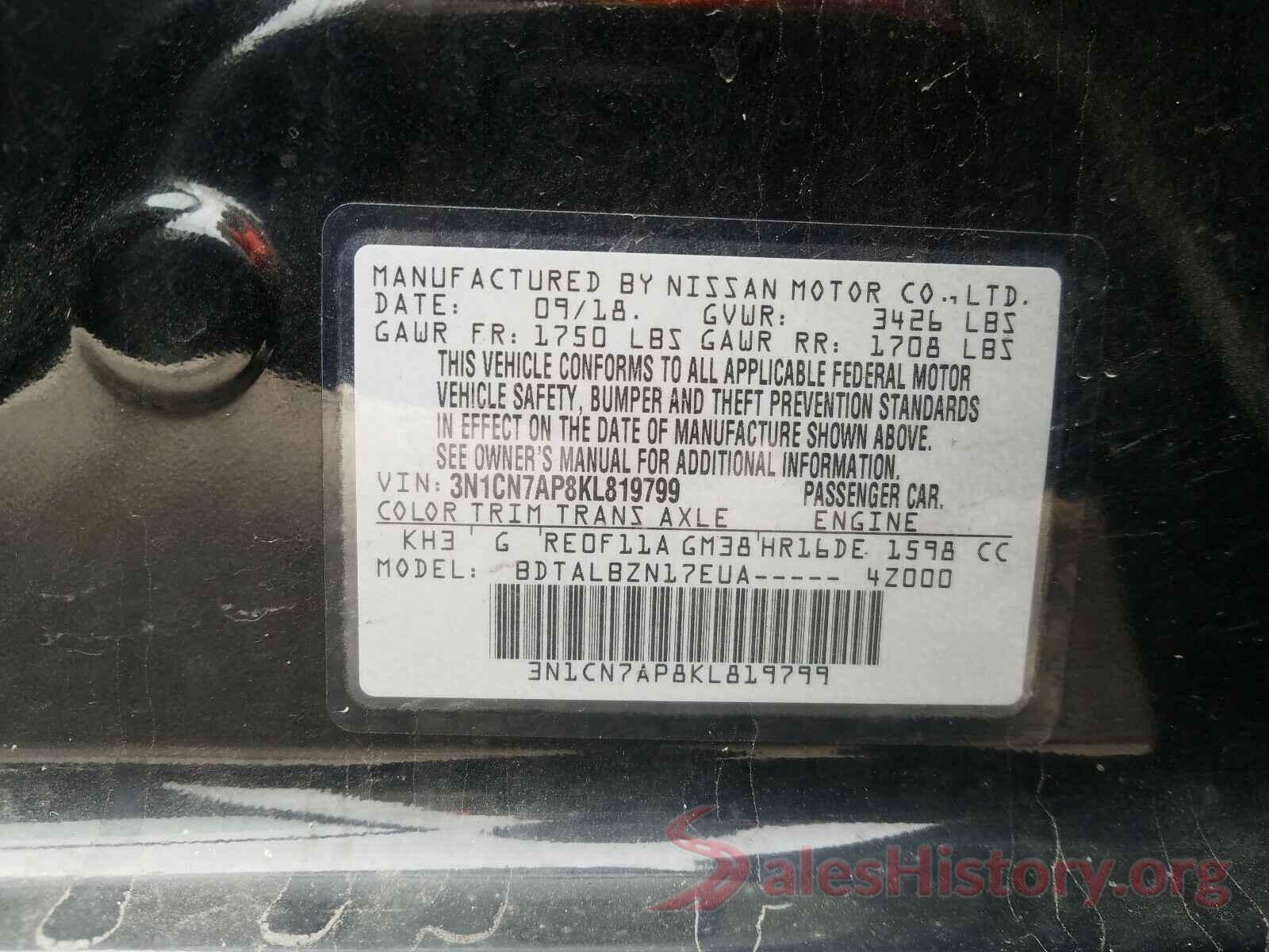 3N1CN7AP8KL819799 2019 NISSAN VERSA