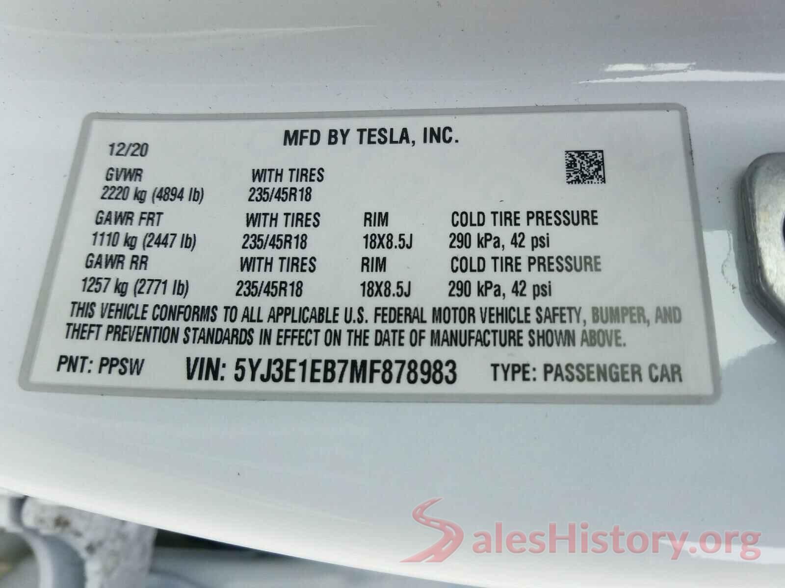 5YJ3E1EB7MF878983 2021 TESLA MODEL 3