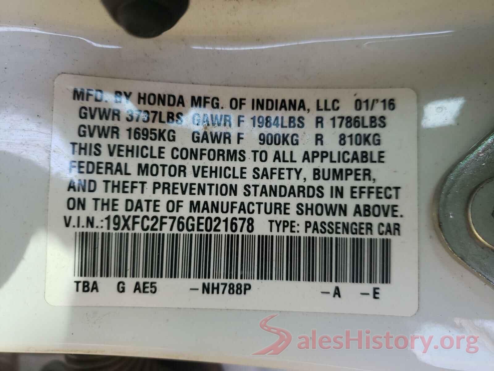 19XFC2F76GE021678 2016 HONDA CIVIC