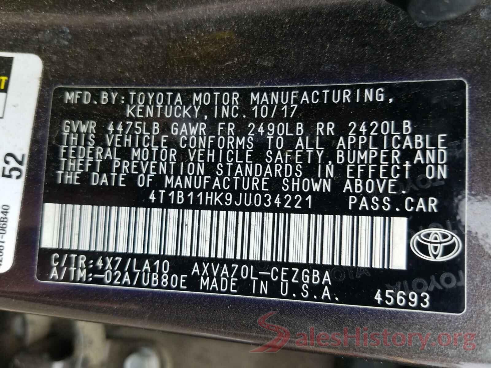 4T1B11HK9JU034221 2018 TOYOTA CAMRY