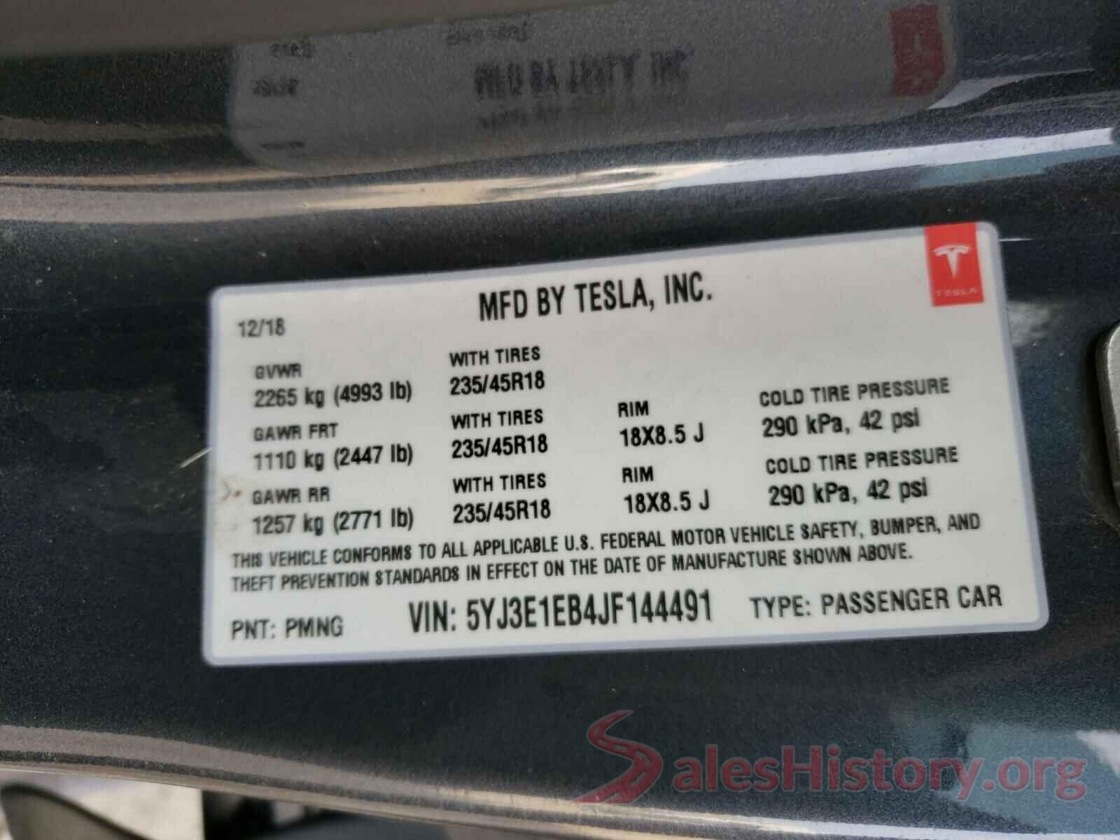 5YJ3E1EB4JF144491 2018 TESLA MODEL 3