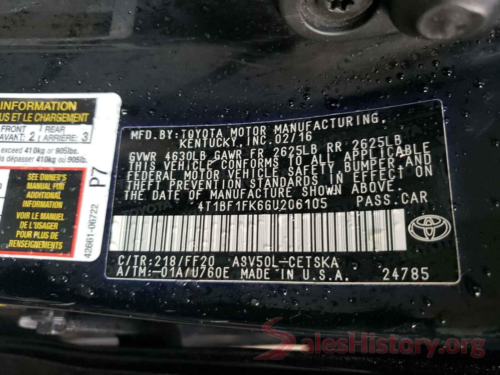 4T1BF1FK6GU206105 2016 TOYOTA CAMRY