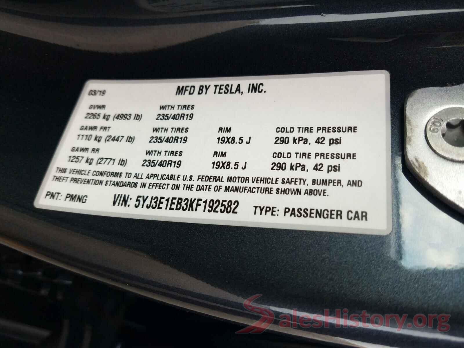 5YJ3E1EB3KF192582 2019 TESLA MODEL 3