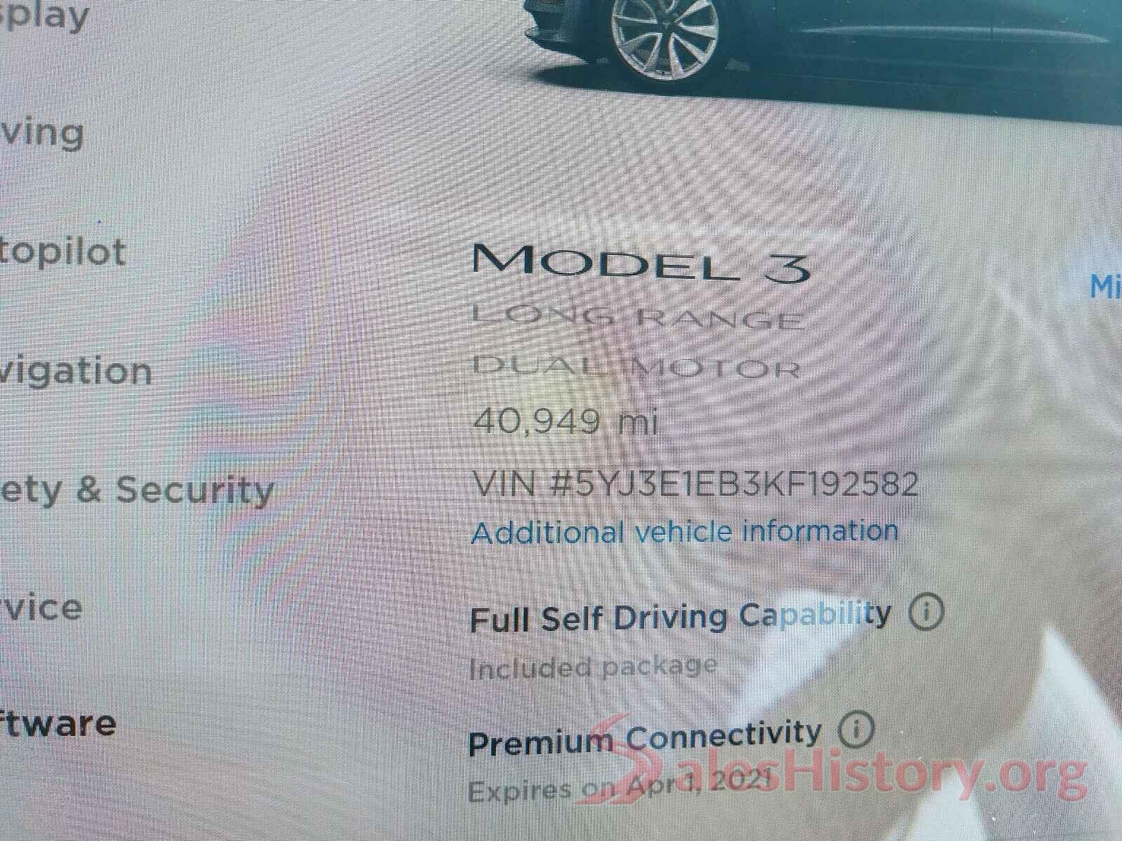 5YJ3E1EB3KF192582 2019 TESLA MODEL 3