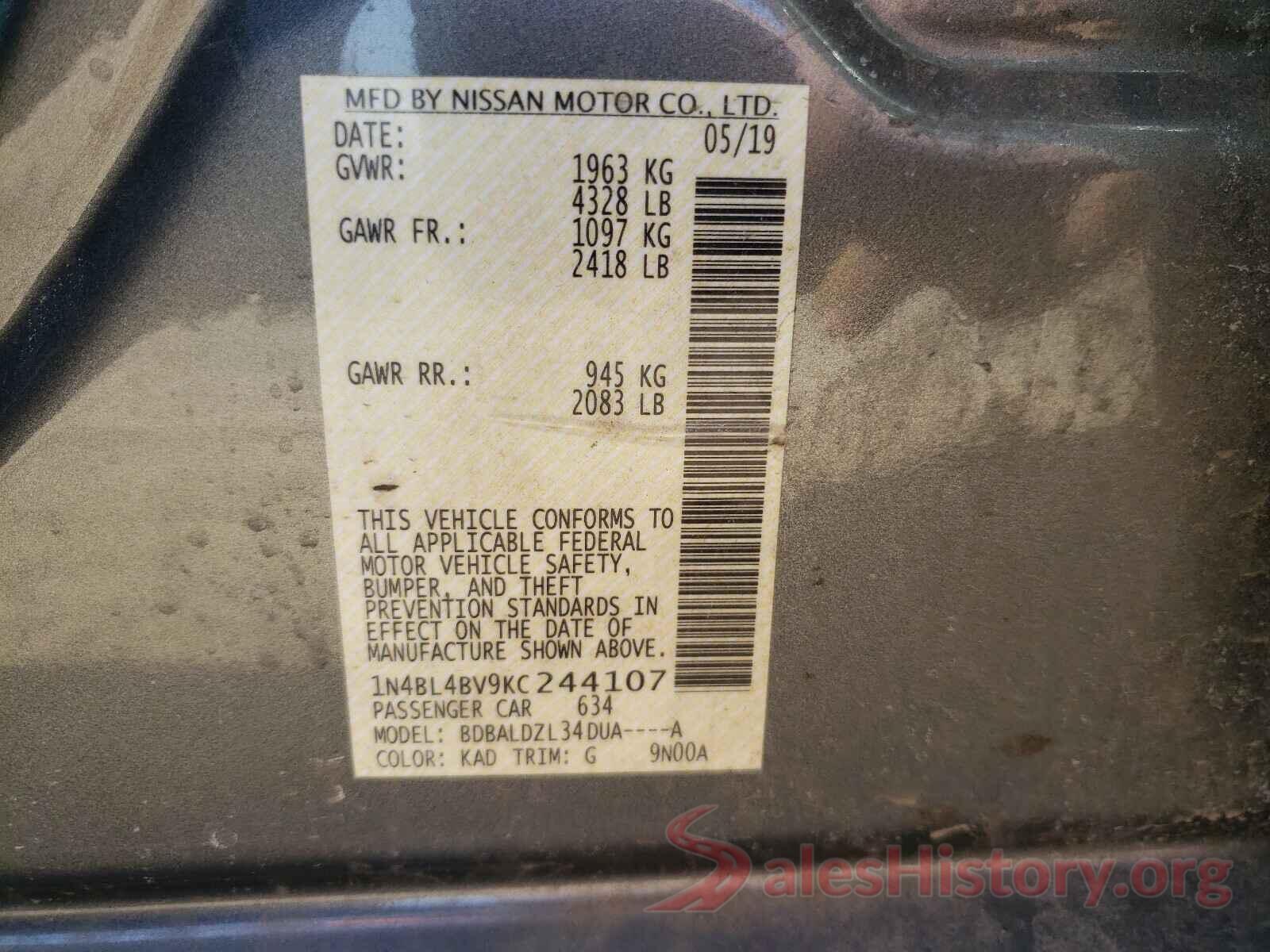 1N4BL4BV9KC244107 2019 NISSAN ALTIMA