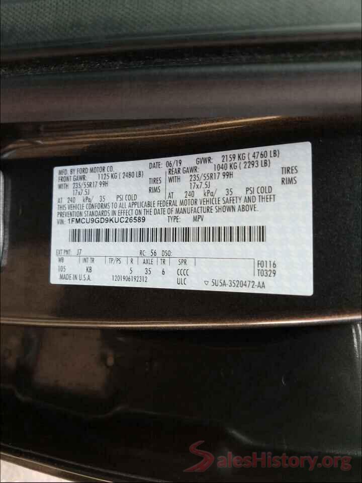 1FMCU9GD9KUC26589 2019 FORD ESCAPE