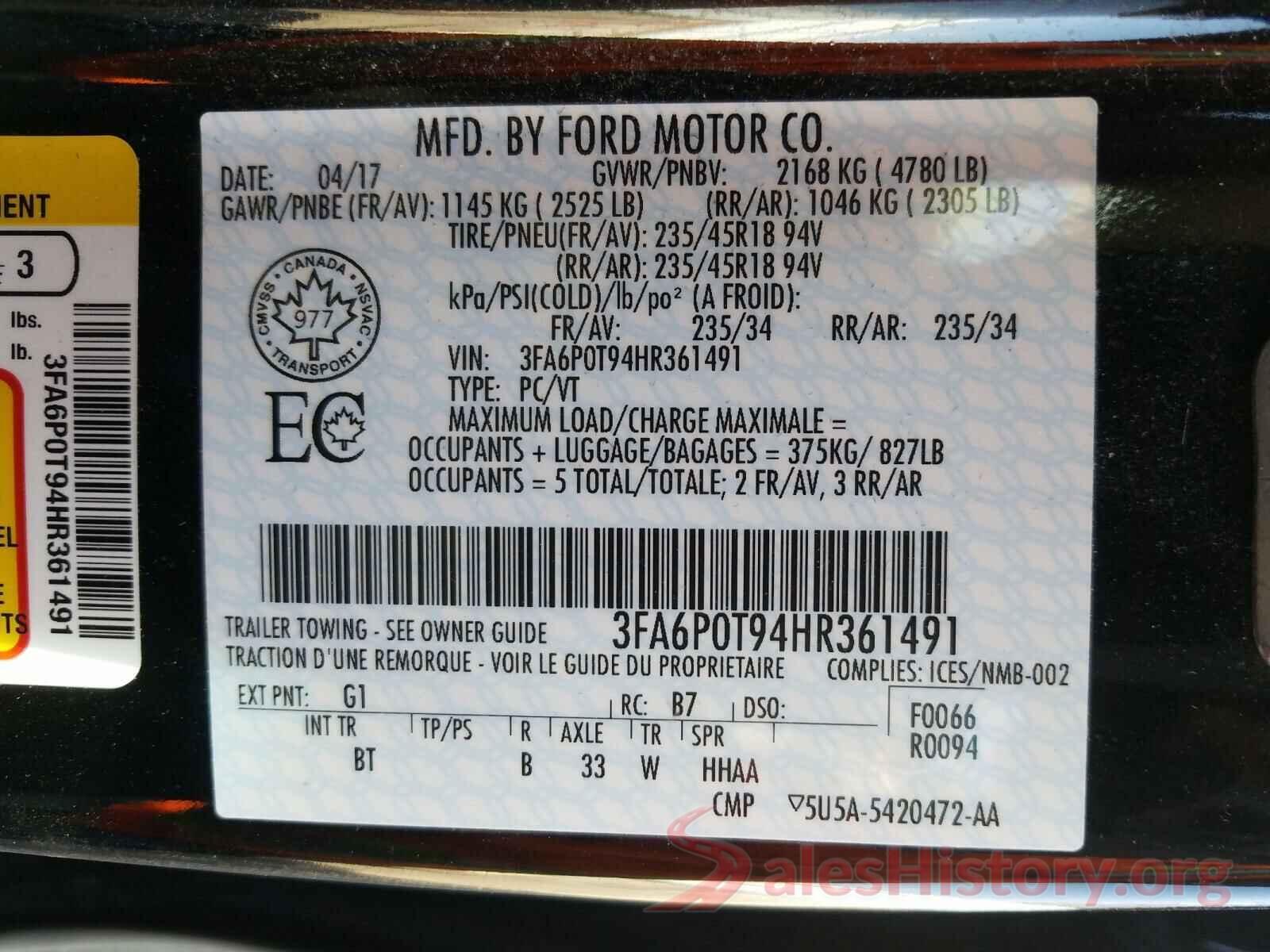 3FA6P0T94HR361491 2017 FORD FUSION