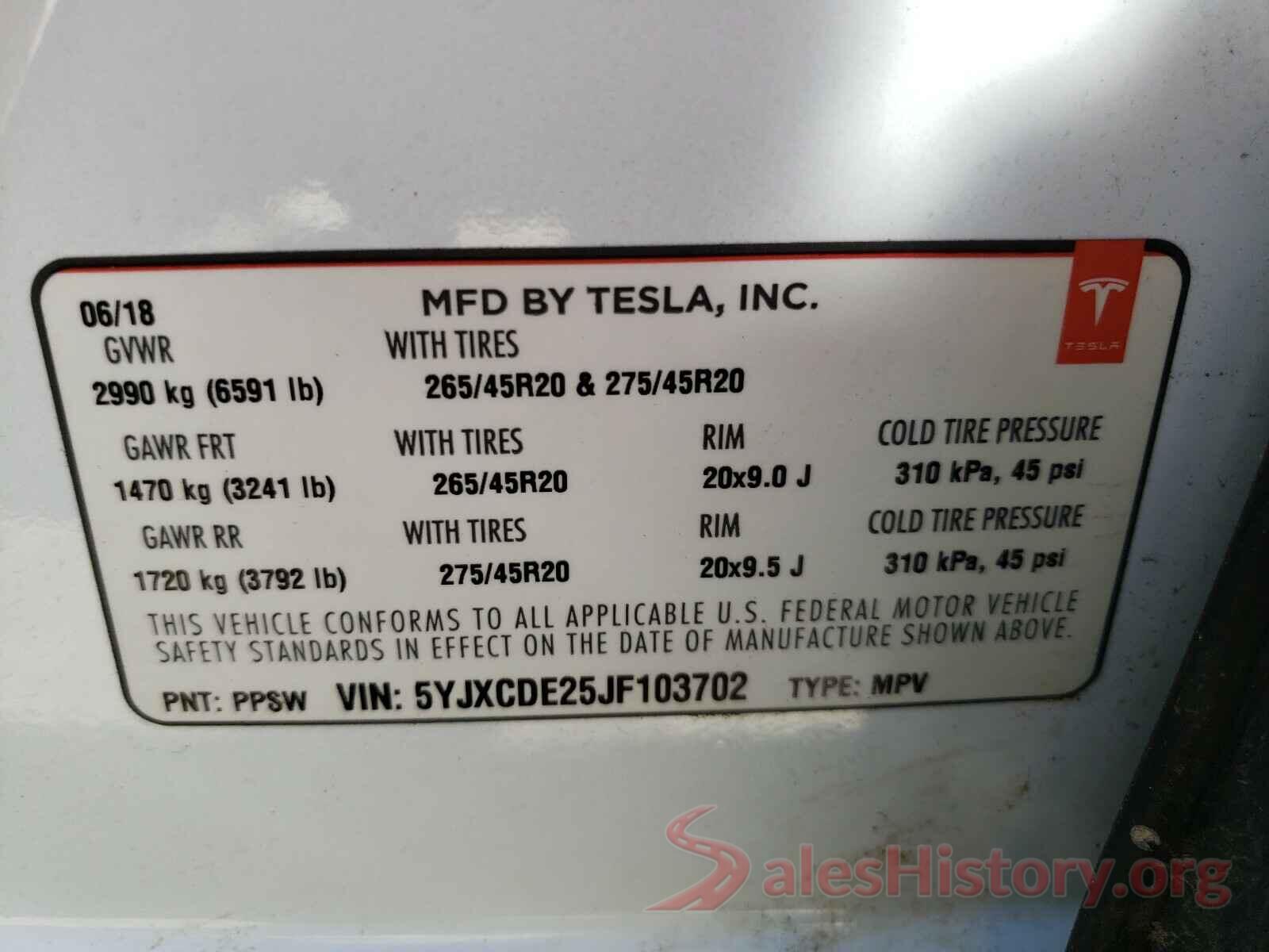 5YJXCDE25JF103702 2018 TESLA MODEL X