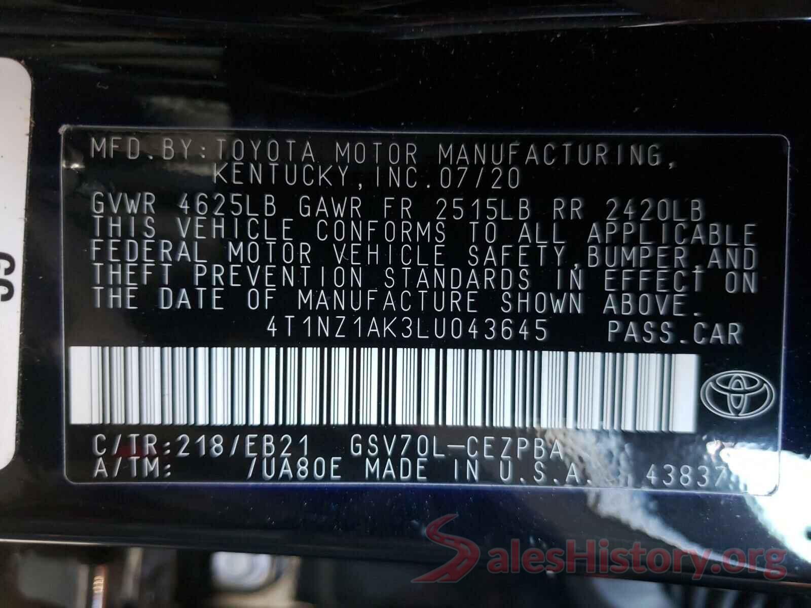 4T1NZ1AK3LU043645 2020 TOYOTA CAMRY