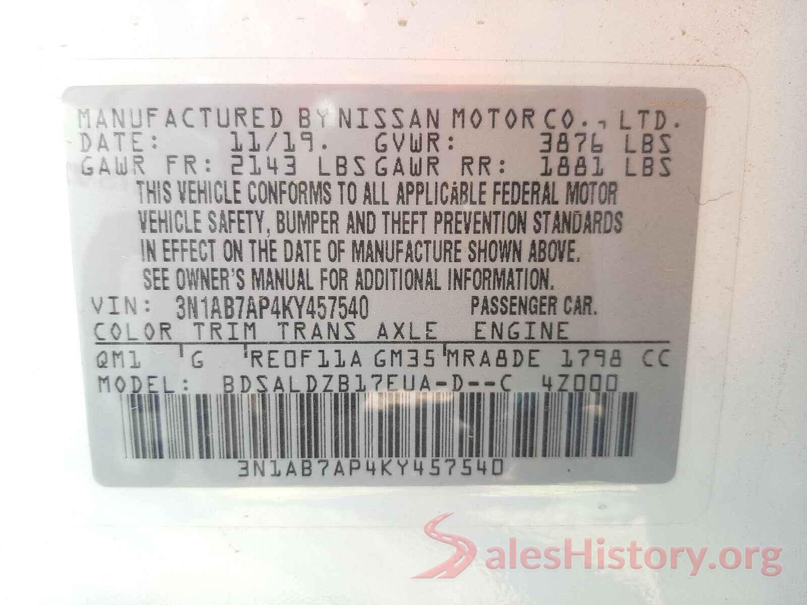 3N1AB7AP4KY457540 2019 NISSAN SENTRA