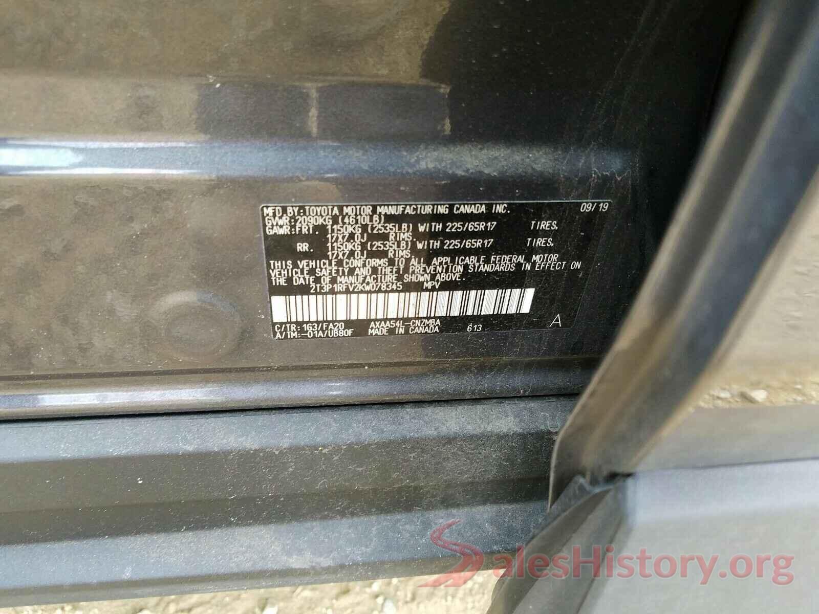 2T3P1RFV2KW078345 2019 TOYOTA RAV4