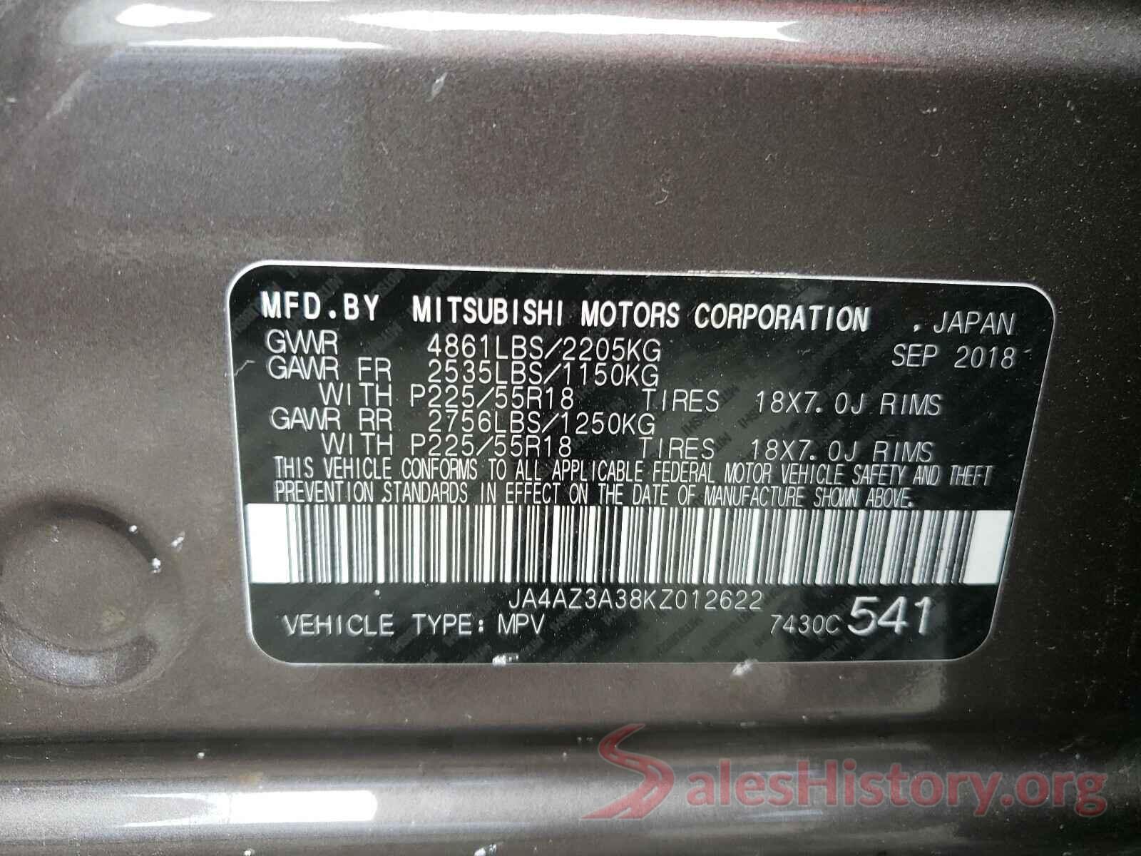 JA4AZ3A38KZ012622 2019 MITSUBISHI OUTLANDER