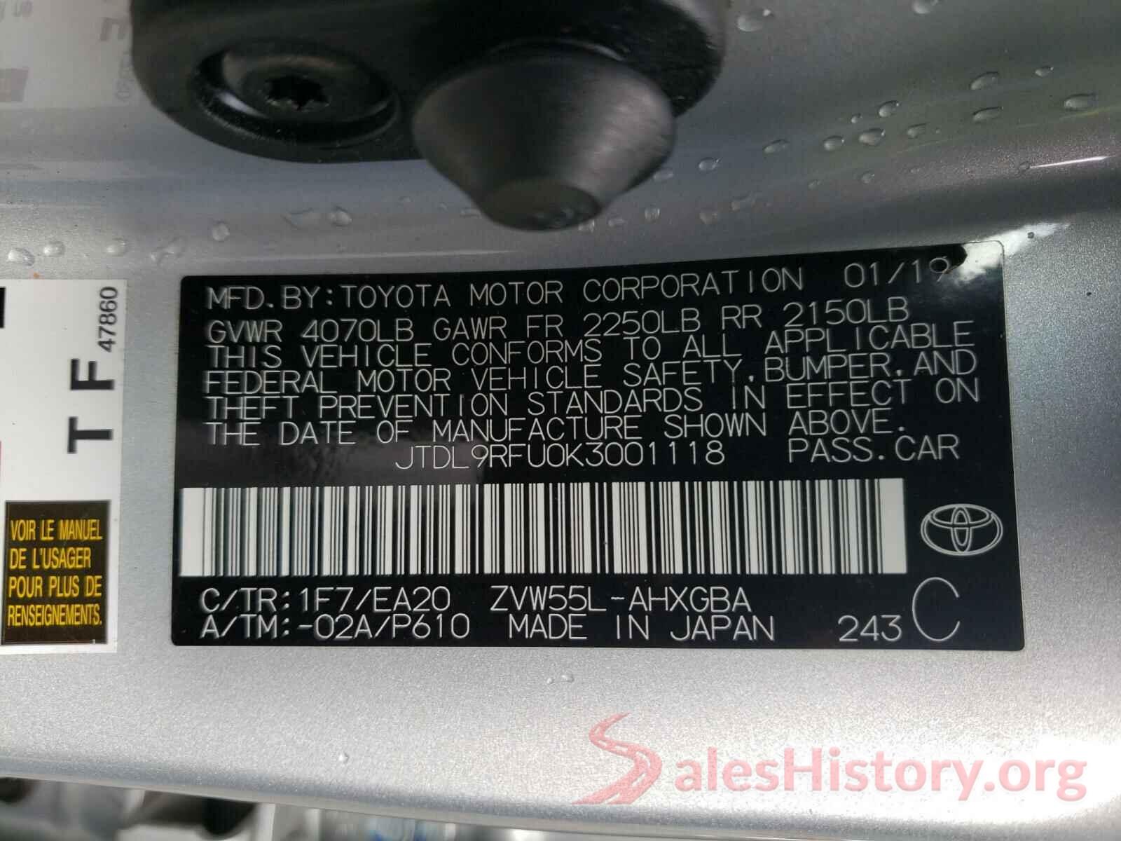 JTDL9RFU0K3001118 2019 TOYOTA PRIUS