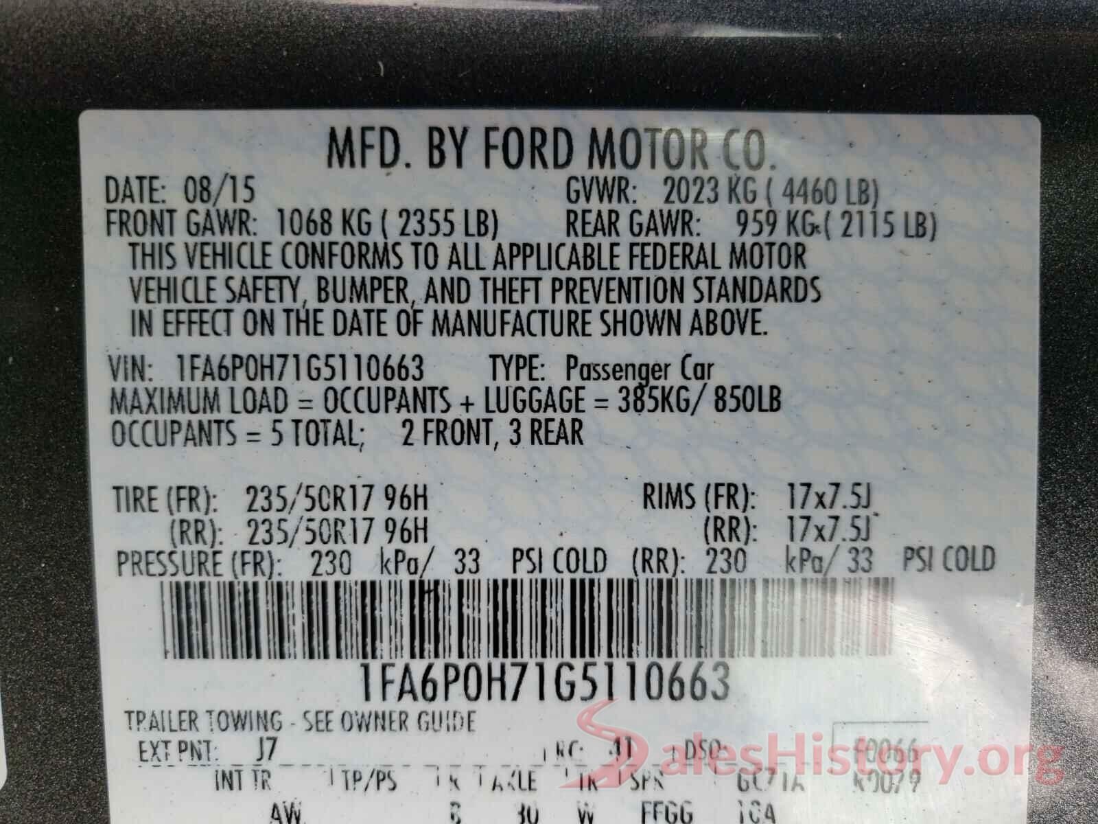 1FA6P0H71G5110663 2016 FORD FUSION