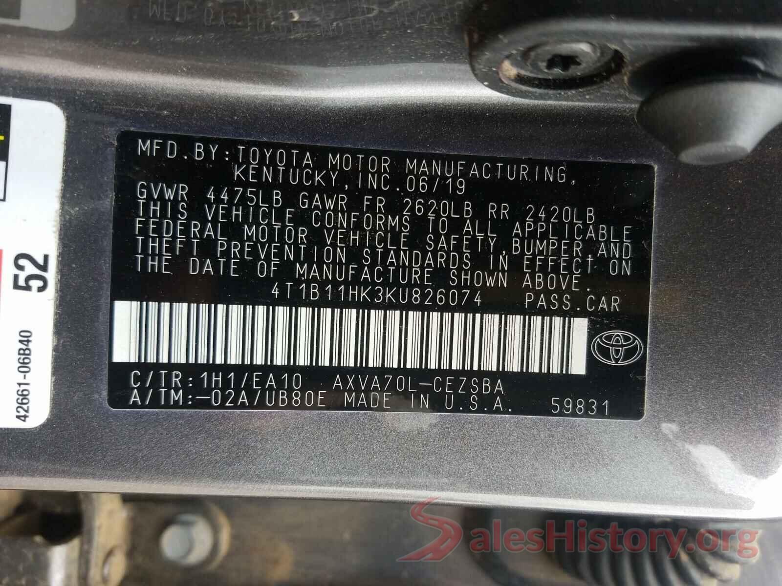 4T1B11HK3KU826074 2019 TOYOTA CAMRY